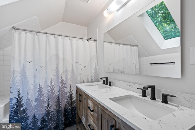 448 Newton Dr, Linden, VA 22642 - bathroom with vaulted ceiling, a skylight, double vanity, and curtained shower