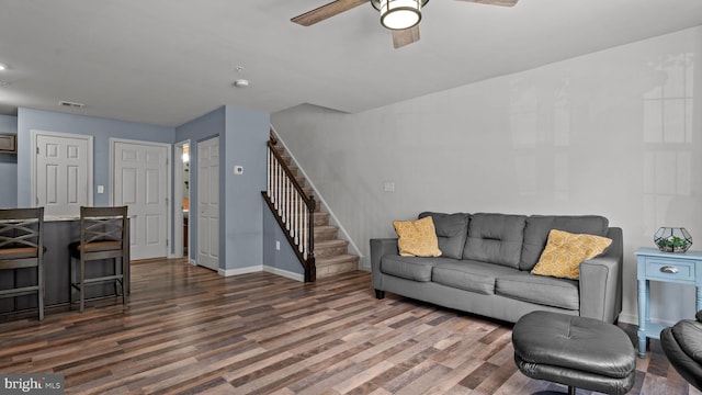 3073 Goshen Dr Unit M55L, Pennsburg, PA 18073 - living area with stairs, wood finished floors, a ceiling fan, and baseboards