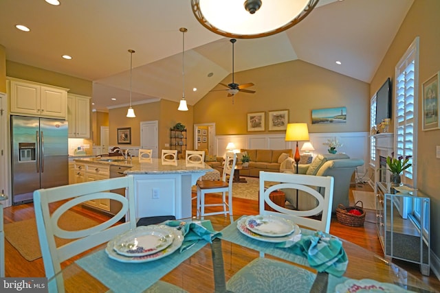 322 Captains Cir, Lewes, DE 19958 - dining room featuring wood finished floors, recessed lighting, ceiling fan, and high vaulted ceiling