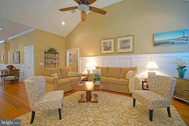 322 Captains Cir, Lewes, DE 19958 - living room with wood finished floors, a decorative wall, wainscoting, ceiling fan, and recessed lighting