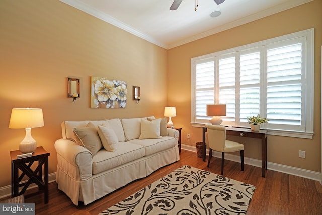 322 Captains Cir, Lewes, DE 19958 - living room featuring a ceiling fan, crown molding, wood finished floors, and baseboards