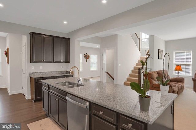 2005 Benjamin Ct, Harrisburg, PA 17110 - kitchen with dishwasher, dark wood finished floors, recessed lighting, open floor plan, and light stone counters