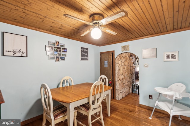 3164 Cedar St, Philadelphia, PA 19134 - dining area with wood ceiling, ceiling fan, baseboards, wood finished floors, and crown molding