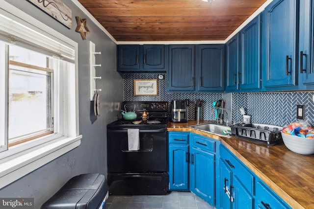 3164 Cedar St, Philadelphia, PA 19134 - kitchen with black range with electric cooktop, wood counters, blue cabinets, and wooden ceiling