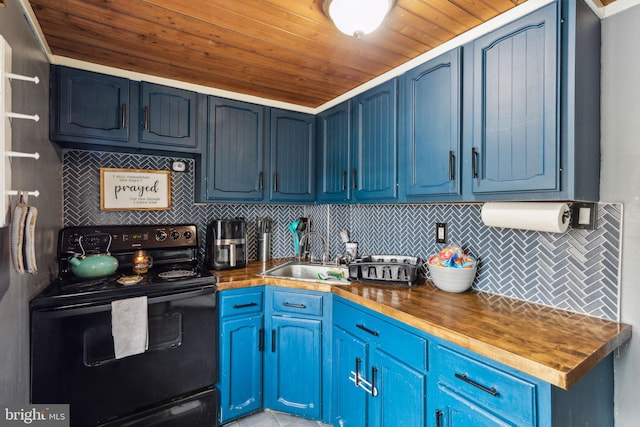 3164 Cedar St, Philadelphia, PA 19134 - kitchen featuring black range with electric cooktop, wooden counters, blue cabinets, a sink, and wooden ceiling