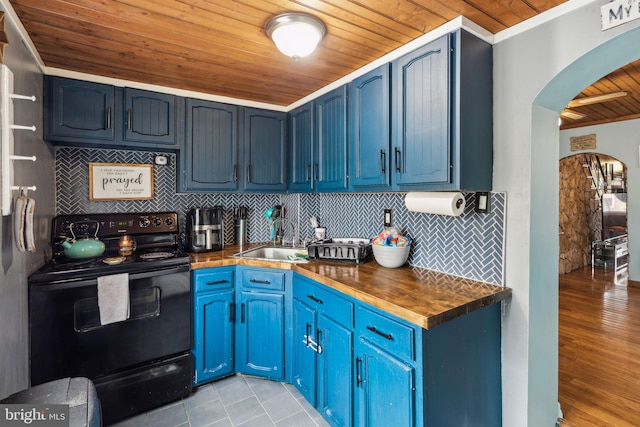 3164 Cedar St, Philadelphia, PA 19134 - kitchen featuring black / electric stove, wooden ceiling, blue cabinetry, wooden counters, and a sink