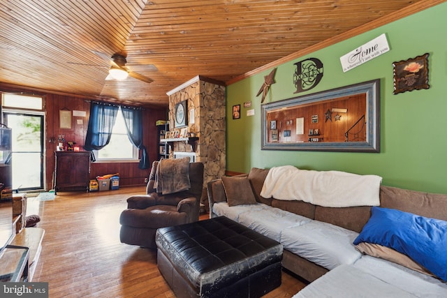 3164 Cedar St, Philadelphia, PA 19134 - living room featuring ornamental molding, wood ceiling, ceiling fan, and wood finished floors