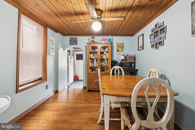 3164 Cedar St, Philadelphia, PA 19134 - dining area with wood ceiling, arched walkways, wood finished floors, ceiling fan, and an office area