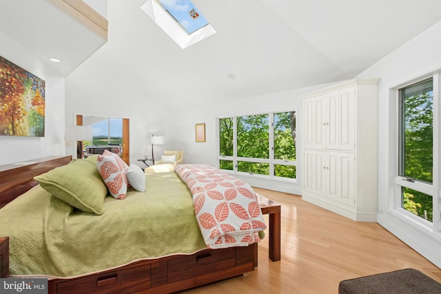 511 Center Hl, Upper Black Eddy, PA 18972 - bedroom with multiple windows, a skylight, high vaulted ceiling, and light wood finished floors