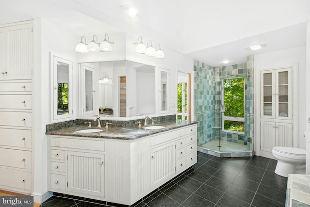 511 Center Hl, Upper Black Eddy, PA 18972 - bathroom featuring a stall shower, double vanity, tile patterned flooring, and toilet