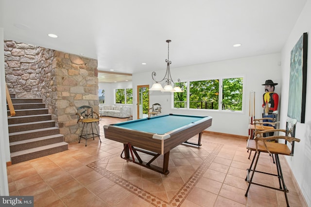 511 Center Hl, Upper Black Eddy, PA 18972 - rec room featuring recessed lighting, light tile patterned floors, billiards table, and baseboards