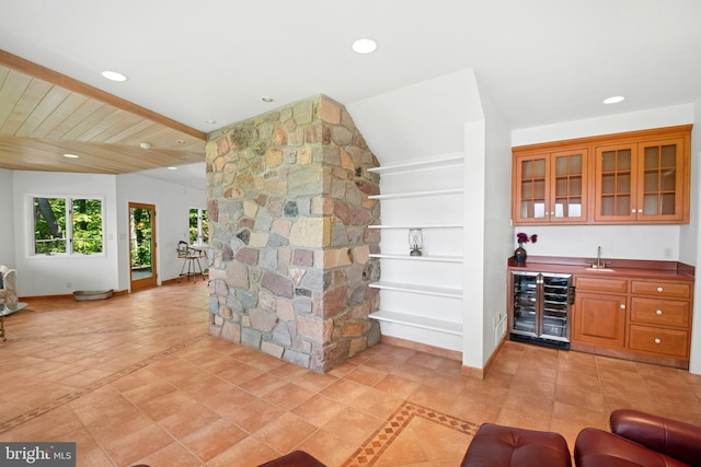 511 Center Hl, Upper Black Eddy, PA 18972 - indoor wet bar featuring wine cooler, baseboards, recessed lighting, and light tile patterned floors