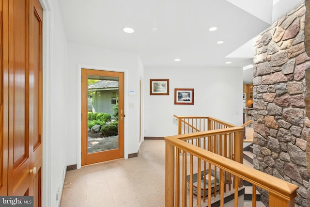 511 Center Hl, Upper Black Eddy, PA 18972 - corridor featuring an upstairs landing, baseboards, recessed lighting, and tile patterned floors