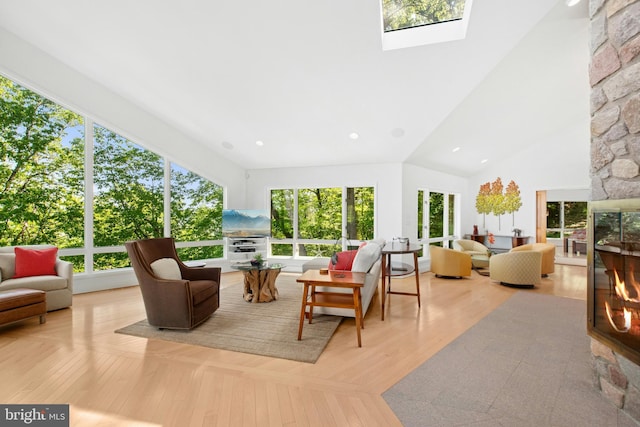 511 Center Hl, Upper Black Eddy, PA 18972 - living room featuring a skylight, a stone fireplace, and recessed lighting