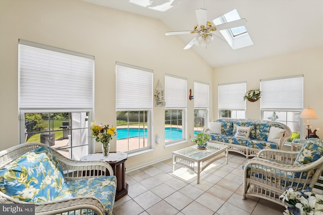 19655 Smith Cir, Ashburn, VA 20147 - sunroom / solarium with a skylight, tile patterned flooring, plenty of natural light, and high vaulted ceiling