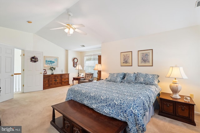 19655 Smith Cir, Ashburn, VA 20147 - bedroom featuring light carpet, vaulted ceiling, and a ceiling fan