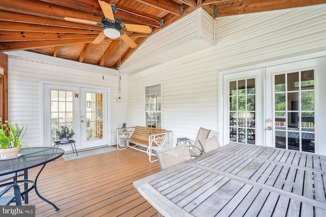 19655 Smith Cir, Ashburn, VA 20147 - deck with french doors, a ceiling fan, and outdoor dining area
