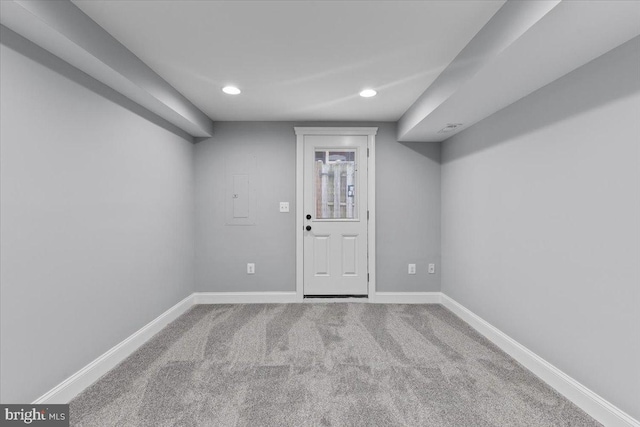 616 Hyson St, Baltimore, MD 21230 - finished below grade area with recessed lighting, carpet floors, and electric panel