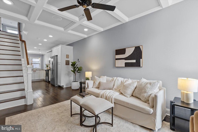 616 Hyson St, Baltimore, MD 21230 - living area with a ceiling fan, coffered ceiling, stairs, dark wood finished floors, and beam ceiling