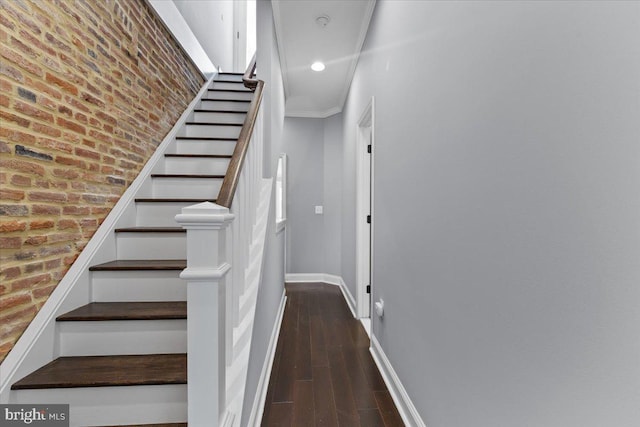 616 Hyson St, Baltimore, MD 21230 - staircase with crown molding, wood finished floors, and recessed lighting