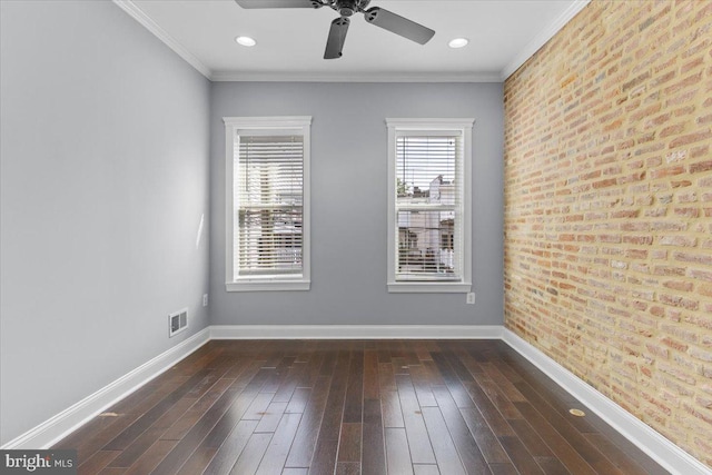 616 Hyson St, Baltimore, MD 21230 - unfurnished room featuring a ceiling fan, dark wood-type flooring, brick wall, and ornamental molding