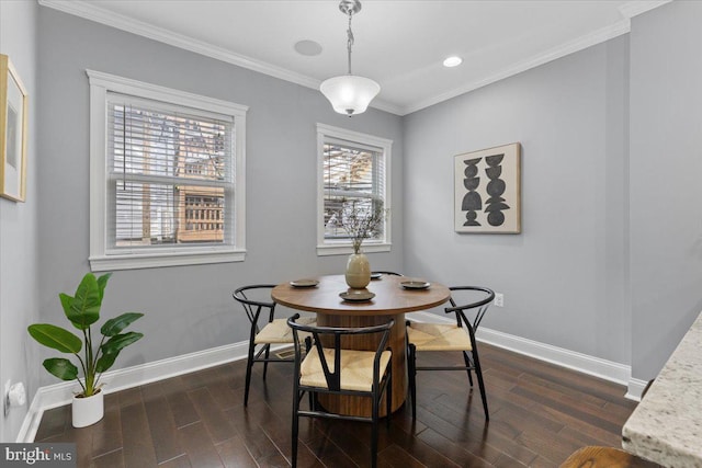616 Hyson St, Baltimore, MD 21230 - dining area with dark wood-type flooring, ornamental molding, and recessed lighting