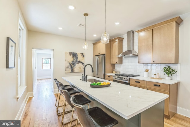kitchen featuring wall chimney exhaust hood, stainless steel appliances, baseboards, a breakfast bar area, and tasteful backsplash