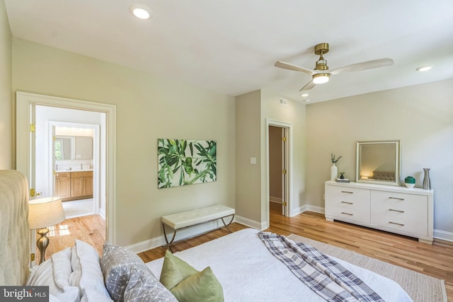 bedroom featuring light wood-type flooring, baseboards, recessed lighting, and a ceiling fan