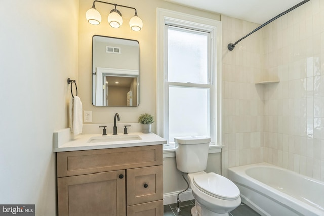full bathroom with toilet, vanity, bathing tub / shower combination, and tile patterned floors