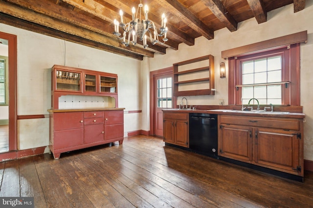 501 Stone Chapel Rd, Westminster, MD 21157 - kitchen with dishwasher, a sink, dark wood-type flooring, a chandelier, and wooden ceiling with exposed beams