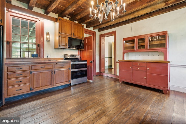 501 Stone Chapel Rd, Westminster, MD 21157 - kitchen with double oven range, black microwave, wood ceiling with exposed beams, dark wood-style floors, and baseboards