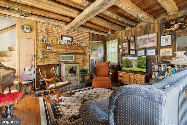 501 Stone Chapel Rd, Westminster, MD 21157 - living room with wood ceiling with exposed beams, wood-type flooring, wooden walls, and stairway