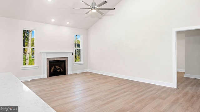 TBB Marsh Elder Rd Latitude, Unit Latitude, Cambridge, MD 21613 - unfurnished living room with a ceiling fan, light wood-style floors, a fireplace, high vaulted ceiling, and recessed lighting