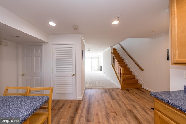 33 Owens Landing Ct Unit 33C, Perryville, MD 21903 - dining room featuring stairway, light wood-style floors, baseboards, and recessed lighting