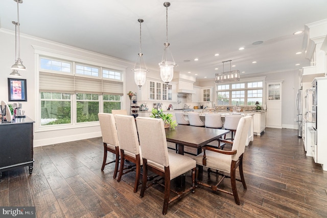 12 Sagecrest Cir, Enola, PA 17025 - dining area with crown molding, baseboards, recessed lighting, dark wood-style flooring, and a chandelier