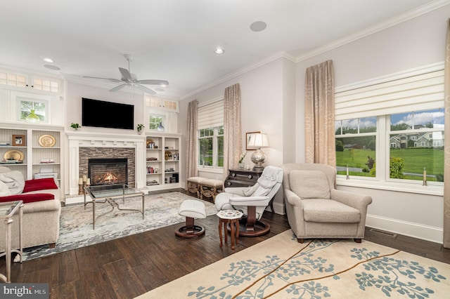 12 Sagecrest Cir, Enola, PA 17025 - living area with hardwood / wood-style floors, ornamental molding, ceiling fan, a fireplace, and baseboards