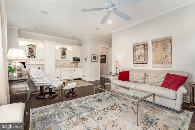 12 Sagecrest Cir, Enola, PA 17025 - living room with dark wood finished floors, ceiling fan, baseboards, ornamental molding, and recessed lighting