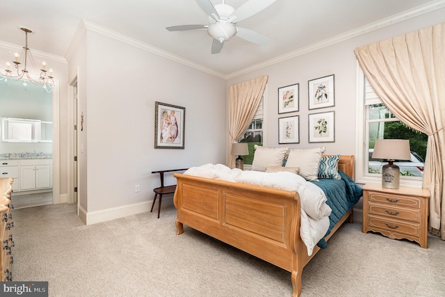 12 Sagecrest Cir, Enola, PA 17025 - bedroom featuring light carpet, a chandelier, crown molding, baseboards, and connected bathroom