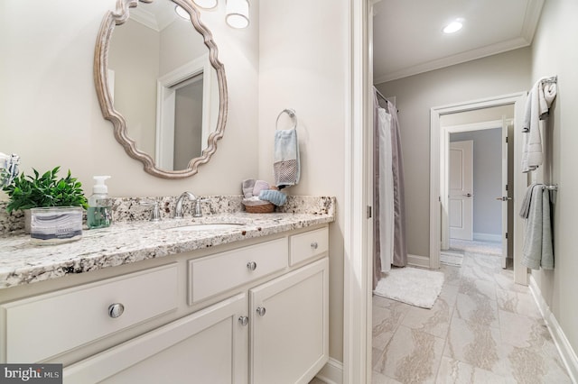 12 Sagecrest Cir, Enola, PA 17025 - full bath featuring crown molding, marble look tile flooring, vanity, and baseboards