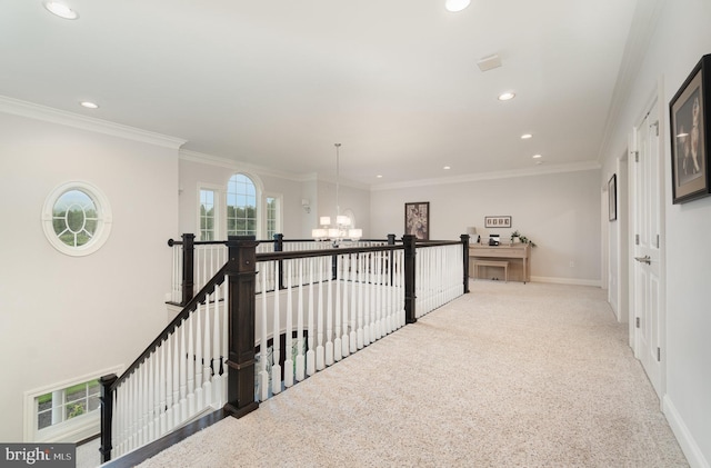 12 Sagecrest Cir, Enola, PA 17025 - hall featuring a chandelier, an upstairs landing, recessed lighting, baseboards, and carpet