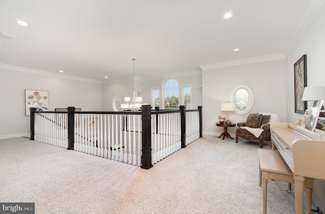 12 Sagecrest Cir, Enola, PA 17025 - hallway featuring a chandelier, carpet floors, crown molding, recessed lighting, and baseboards
