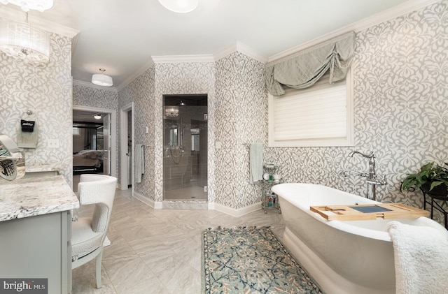 12 Sagecrest Cir, Enola, PA 17025 - full bath with crown molding, a freestanding bath, wallpapered walls, and a stall shower