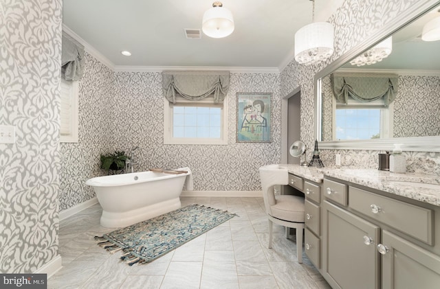 12 Sagecrest Cir, Enola, PA 17025 - full bath with healthy amount of natural light, a freestanding tub, ornamental molding, vanity, and wallpapered walls