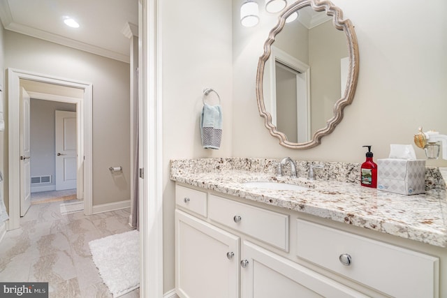 12 Sagecrest Cir, Enola, PA 17025 - bathroom featuring vanity, ornamental molding, marble look tile flooring, and baseboards