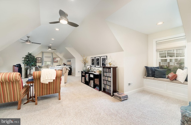 12 Sagecrest Cir, Enola, PA 17025 - living area with a ceiling fan, carpet, lofted ceiling, baseboards, and recessed lighting