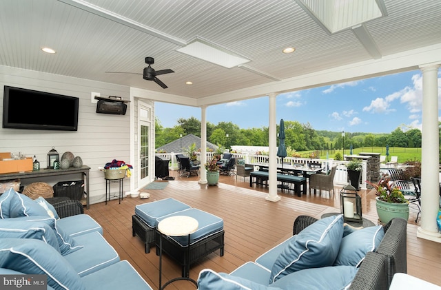 12 Sagecrest Cir, Enola, PA 17025 - living room with ornate columns, hardwood / wood-style floors, ceiling fan, recessed lighting, and wood ceiling