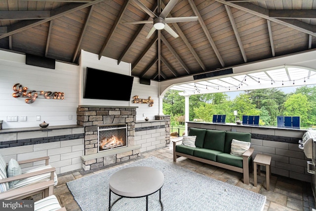 12 Sagecrest Cir, Enola, PA 17025 - view of patio featuring an outdoor living space with a fireplace, a ceiling fan, and a gazebo