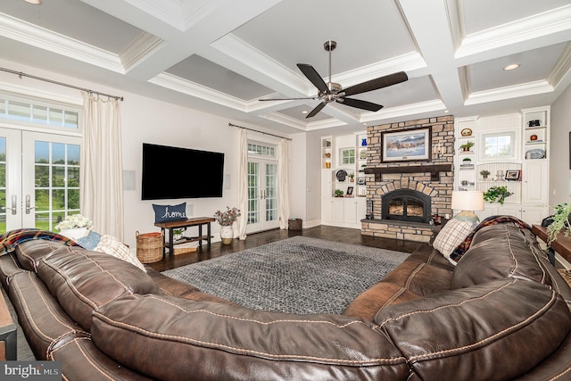 12 Sagecrest Cir, Enola, PA 17025 - living room featuring french doors, coffered ceiling, ornamental molding, a ceiling fan, and healthy amount of natural light