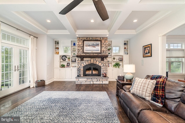 12 Sagecrest Cir, Enola, PA 17025 - living room featuring ornamental molding, dark wood finished floors, ceiling fan, coffered ceiling, and a stone fireplace
