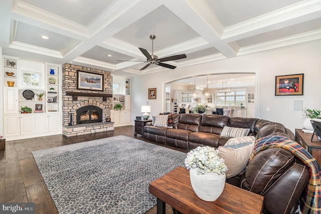 12 Sagecrest Cir, Enola, PA 17025 - living area featuring ornamental molding, a fireplace, hardwood / wood-style flooring, beamed ceiling, and coffered ceiling